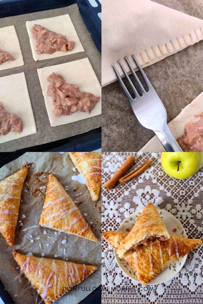 Collage image of step by step photos on how to make puff pastry apple turnovers.