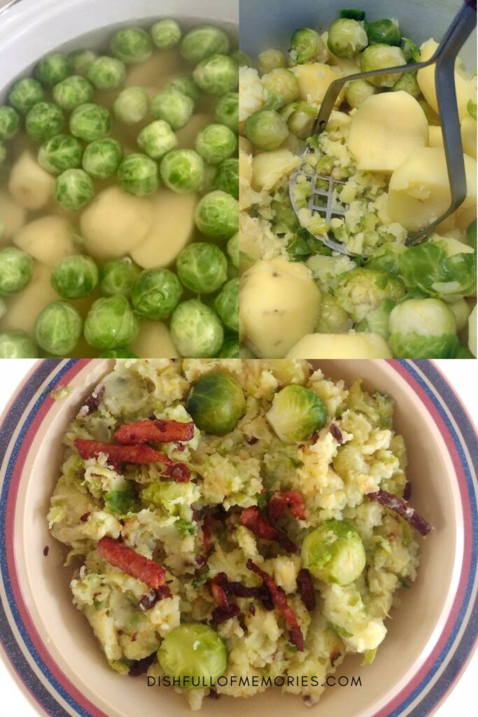 Collage image of step by step photos how to make Dutch Spruitjes Stamppot.