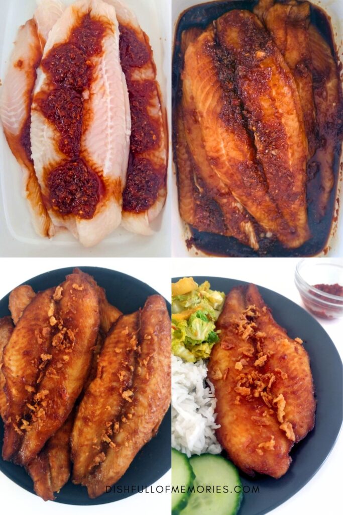 Collage image of step by step photos on how to make indonesian sweet spicy fish dish.