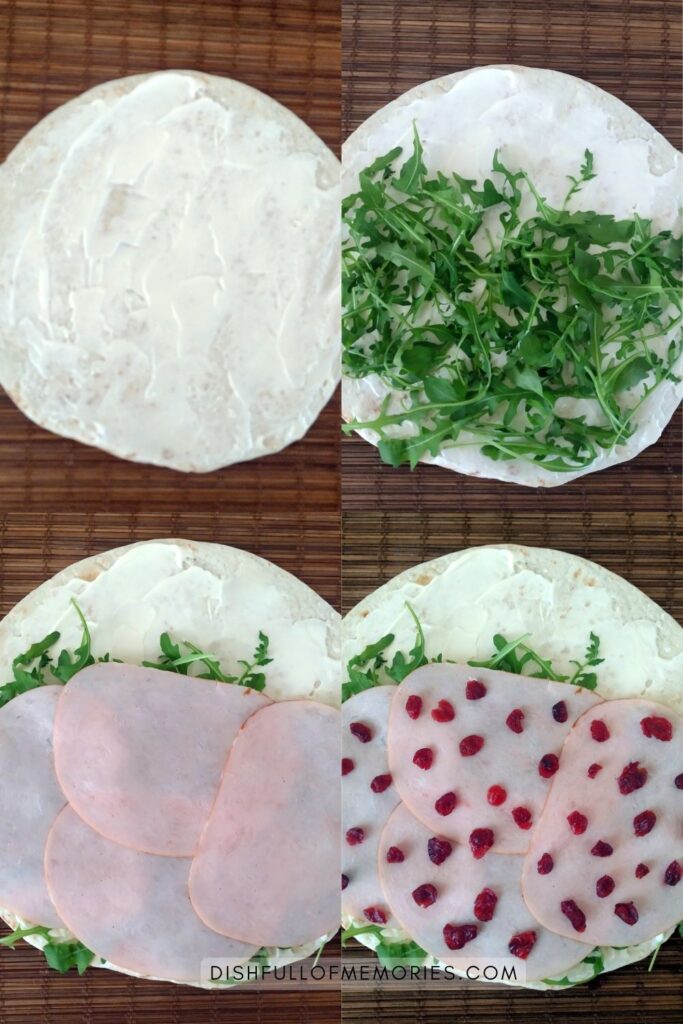 Collage image of step by step photos of how to make cranberry turkey pinwheel appetizers.