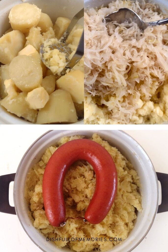 Collage image of step by step photos on how to make Dutch zuurkool sauerkraut potato mash.