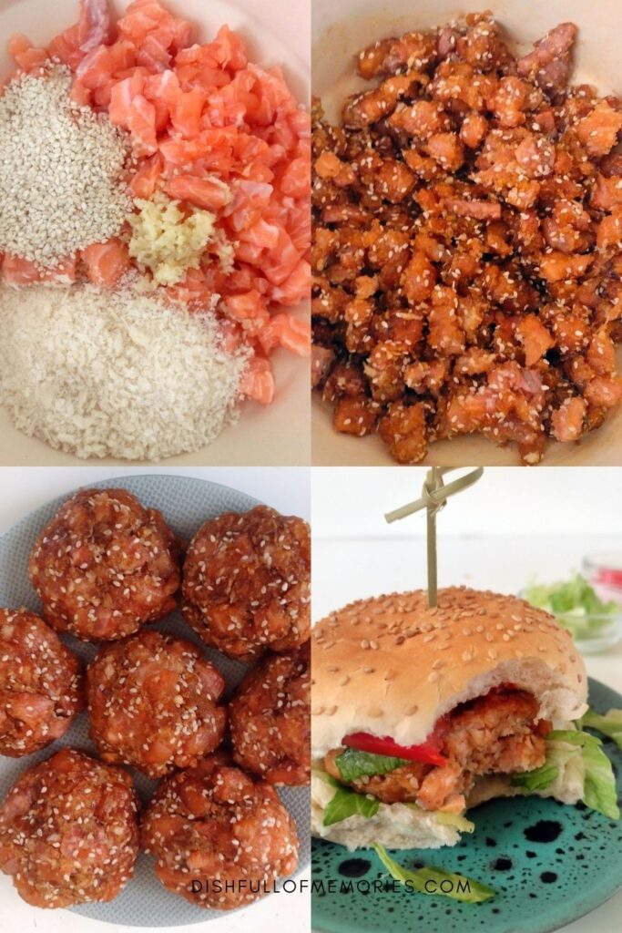 Collage image of step by step photos of how to make fresh sesame salmon burgers.