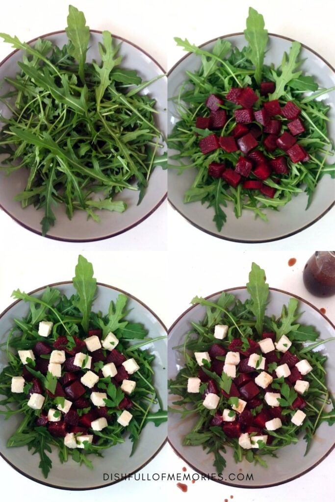 Collage image of step by step photos on how to make beet and feta salad.