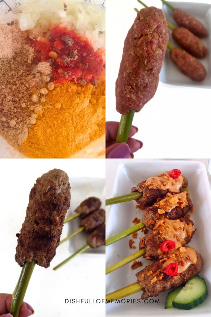 Collage image of step by step photos how to make Balinese Satay Lilit.